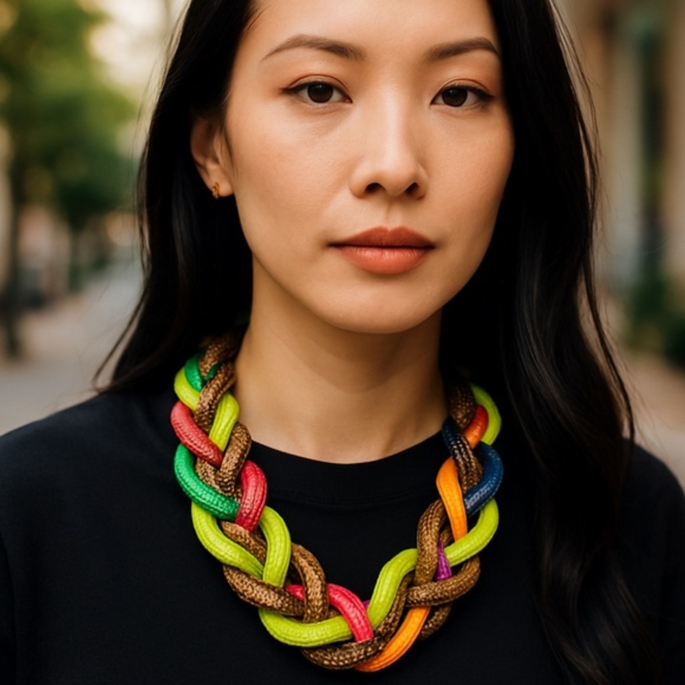 Vibrant Multicolor Braided Necklace Unique Statem… - image 1